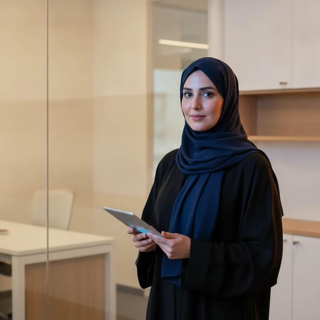 مشغّلة عمليات في مكتب حديث تتابع لوحة أداء